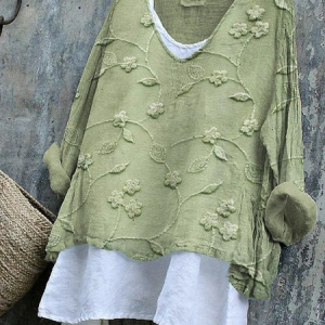 Women's Floral Long Sleeve Blouse_ Spring/Fall Printing V Neck Daily Casual Top, JustFashionNow Blouses, color:Green|size:4XL,