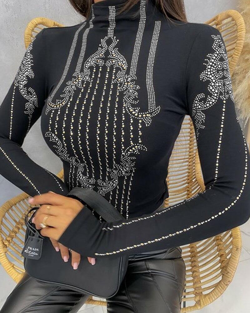 Rhinestone Decor Long Sleeve Top, women T-shirt & Tees, ChicMe catalog