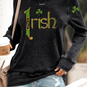 Women's St Patrick's Day Shamrock Printing Casual Spring/Fall Long Sleeve Sweatshirt, JustFashionNow Sweatshirts & Hoodies, color:Black|size:XXL