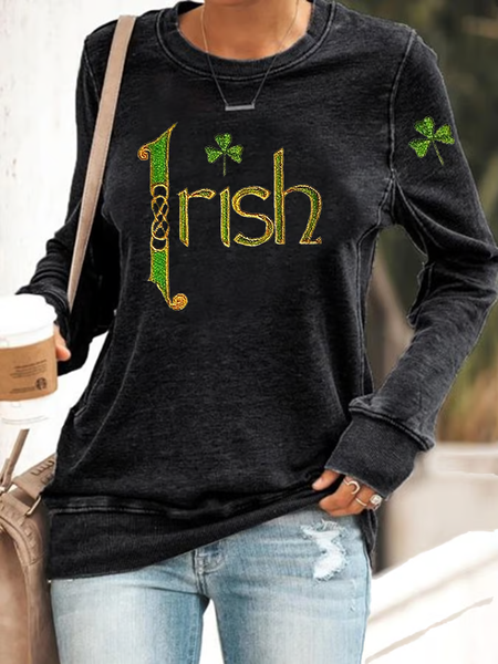 Women's St Patrick's Day Shamrock Printing Casual Spring/Fall Long Sleeve Sweatshirt, JustFashionNow Sweatshirts & Hoodies, color:Black|size:XXL