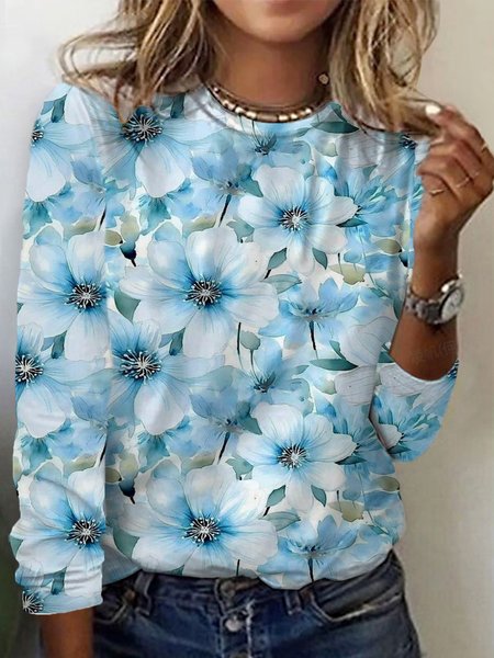 Floral Print Long Sleeve Crew Neck T-shirt, Long sleeves, Lilicloth.com - Image 7