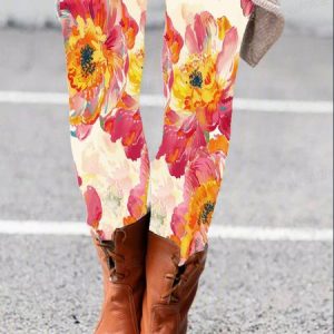 Women's Casual Floral Jersey All Season Long Leggings, JustFashionNow Leggings, color:Red|size:XXL,