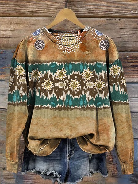 Women's Crew Neck Floral Casual Spring/Fall Long Sleeve Sweatshirt, JustFashionNow Sweatshirts & Hoodies, color:Yellow|size:XXL,