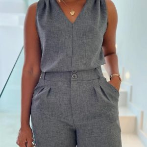 2 Pieces Summer Outfits V-Neck Sleeveless Ruched Tank and Casual Pocket Design Shorts Set, women Two-piece Sets, ChicMe catalog