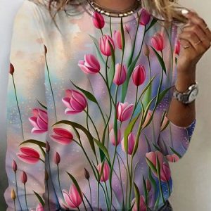 Women's Long Sleeve Tee T-shirt Spring/Fall Floral Jersey Crew Neck Daily Going Out Casual Top, JustFashionNow T-Shirts, color:Rose Red|size:XXL,
