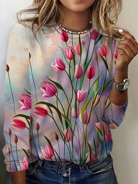 Floral Print Long Sleeve Crew Neck T-shirt, Long sleeves, Lilicloth.com - Image 9