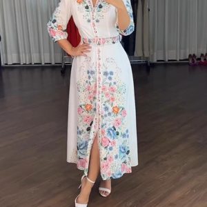 Floral Print V Neck Three Quarters Tied Detail Blouse Dress Casual A Line Slim Fit Maxi Dress, women Shirt Dresses, ChicMe catalog