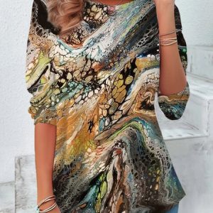 Abstract Print Long Sleeve Crew Neck T-shirt, Long sleeves, Lilicloth.com