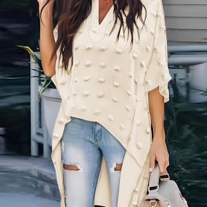 Large Swiss Dot Details V-neck Batwing Sleeve High-Low Hem Blouse Casual Top, women Blouses & Shirts, ChicMe catalog