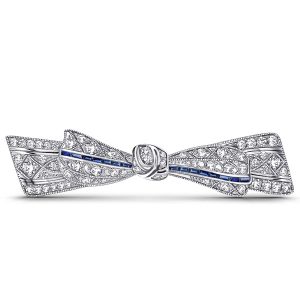 brooches - Italo Vintage Blue & White Milgrain Bow Silver Brooch For Women, Italo jewelry - Online Catalog
