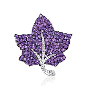 brooches - Italo Pave Setting Amethyst Leaf Brooch In Sterling Silver, Italo jewelry - Online Catalog