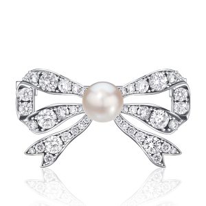 brooches - Italo Pearl & White Sapphire Bow Brooch In Sterling Silver, Italo jewelry - Online Catalog