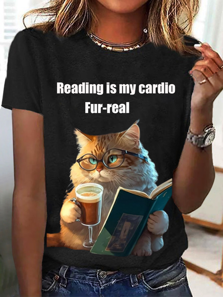 Women's Short Sleeve Tee T-shirt Summer Cat Jersey Crew Neck Daily Going Out Casual Top, JustFashionNow T-Shirts, color:Black|size:XXL,