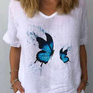 Women Butterfly Short Sleeve Blouse Summer Crew Neck Daily Casual Top, JustFashionNow Blouses, color:White|size:XXL,