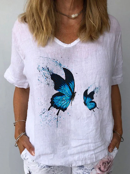 Women Butterfly Short Sleeve Blouse Summer Crew Neck Daily Casual Top, JustFashionNow Blouses, color:White|size:XXL,
