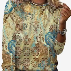 Women's Long Sleeve Tee T-shirt Spring/Fall Ethnic Jersey Crew Neck Daily Going Out Casual Top, JustFashionNow T-Shirts, color:Yellow|size:XXL,