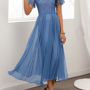 Women's Short Sleeve Summer Blue Plain Split Joint V Neck Party Going Out Elegant Maxi X-Line Formal Dress Dress, JustFashionNow Dresses, color:Blue|size:XXL,