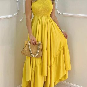 Shirred Frill Hem Sleeveless Ruched Maxi Dress, women Maxi Dresses, ChicMe catalog