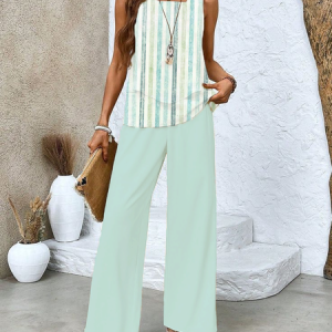 Women's Striped Spring and Summer Daily Two-piece Casual Top + Pants Set, Two-pieces, Lilicloth.com