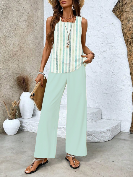 Women's Striped Printing Two-Piece Set Daily Sleeveless Casual Summer Top With Pants Matching Set, JustFashionNow Suit Set, color:Green|size:XXL,
