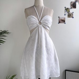 Eyelet Embroidery Halter Tied Neckline Dress Casual Hollow-out Elastic Shirred A Line Dress, women Casual Dresses, ChicMe catalog
