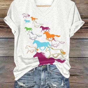 Women's Retro Horse Print V Neck Casual T-Shirt, T-shirts, Lilicloth.com