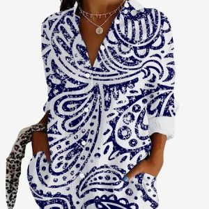 Women's Long Sleeve Shirt Spring/Fall Ethnic Shirt Collar Vacation Going Out Casual Top, JustFashionNow Shirts, color:Blue|size:XXL,