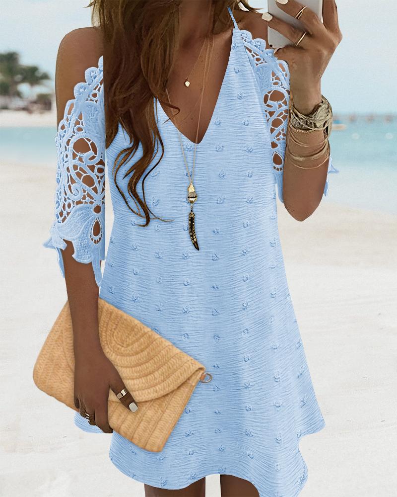 Large Swiss Dot V-Neck Cold Shoulder Sleeveless Lace Hem Straight Dress Vacation Dress, women Casual Dresses, ChicMe catalog