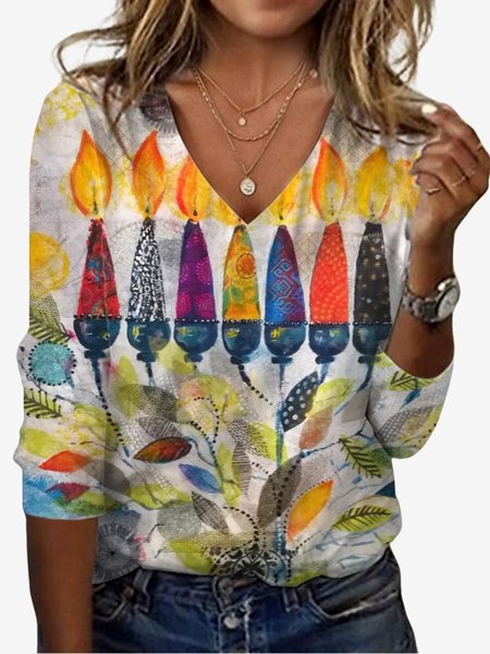 Women's Leaf Long Sleeve Tee T-shirt V Neck Casual Spring/Fall Floral Top, JustFashionNow T-Shirts, color:Yellow|size:XXL,