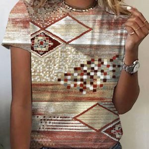 Women's Short Sleeve Tee T-shirt Summer Ethnic Crew Neck Casual Top, JustFashionNow T-Shirts, color:Khaki|size:XXL,