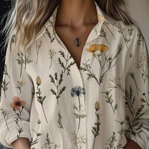 Women's Artistic Floral Print Long Sleeve Cotton and Linen Shirt, Blouses, Lilicloth.com