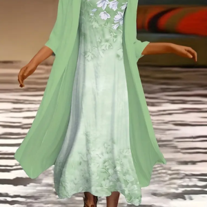 Women Floral Printing Two-Piece Set Daily Three Quarter Sleeve Casual Spring/Fall Dress With Coat Matching Set, JustFashionNow Suit Set, color:Green|size:XXL,