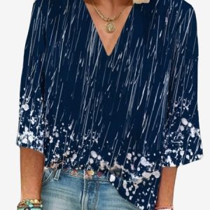 Women's Three Quarter Sleeve Blouse Spring/Fall Abstract V Neck Vacation Going Out Casual Top, JustFashionNow Blouses, color:Deep Blue|size:XXL,