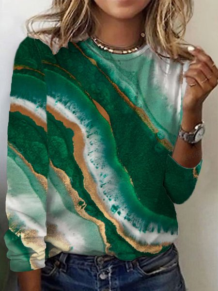 Women's Long Sleeve Tee T-shirt Spring/Fall Abstract Cotton Crew Neck Daily Going Out Casual Top, JustFashionNow T-Shirts, color:Green|size:5XL,
