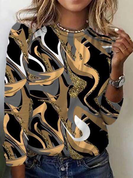 Geometric Print Long Sleeve Crew Neck T-shirt, Long sleeves, Lilicloth.com - Image 7