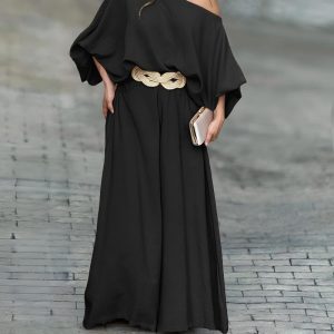 Skew Neck Lantern Sleeve Loose Top & Zipper Fly Wide Leg Pants Set without Belt, women Two-piece Sets, ChicMe catalog