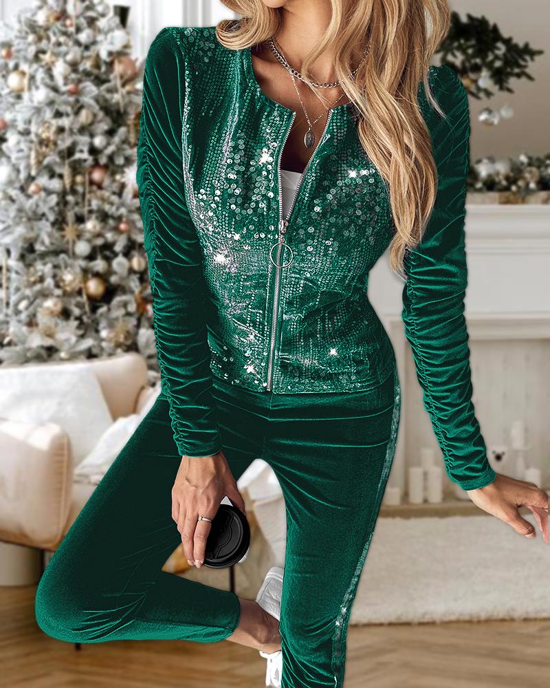 2 Pieces Outfit Contrast Sequin Ruched Long Sleeve Zip Up Coat and Elastic Waist Pants Set Casual Slim Fit Velvet Tracksuit, women Two-piece Sets, ChicMe catalog - Image 2