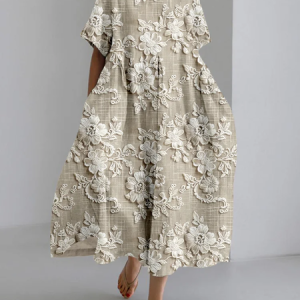 Vintage floral lace embroidery linen blend Print Casual Crew Neck Dress With No Belt, Dresses, Lilicloth.com