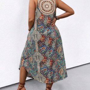 Plus Size Floral Print Round Neck Sleeveless Long Dress Casual Hollow-out Vacation Maxi Dress, women Casual Dresses, ChicMe catalog