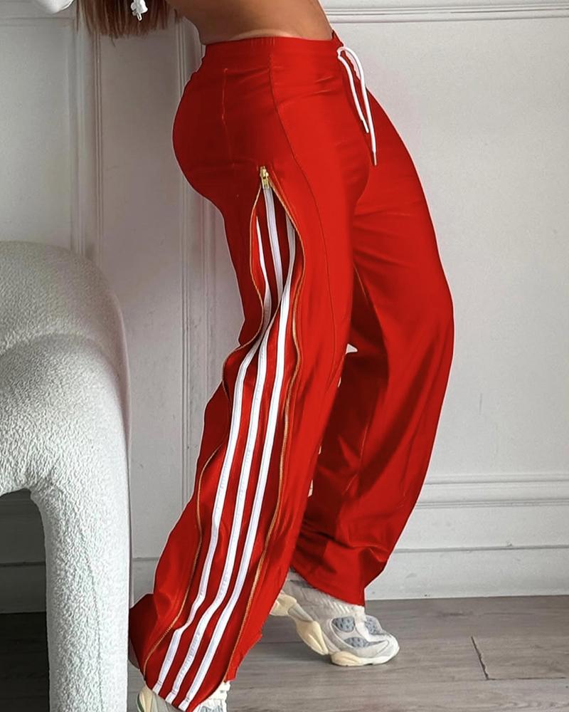 Striped Side Zipper Design Drawstring Wide Leg Casual Pants, women Pants, ChicMe catalog - Image 4