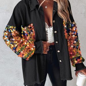 Contrast Sequin Long Sleeve Jacket Top Button Front Raw Hem Loose Fit Shacket, women Jackets & Coats, ChicMe catalog