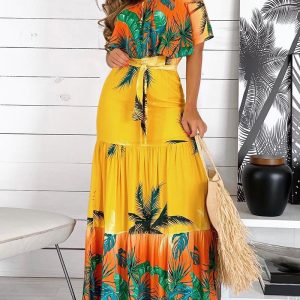 Off Shoulder Tropical Print Ruffles Maxi Dress With Belt, women Maxi Dresses, ChicMe catalog