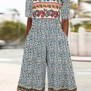 Women's Floral V Neck Half Sleeve Casual Summer Jumpsuit, JustFashionNow Jumpsuits＆Rompers, color:As Picture|size:4XL,