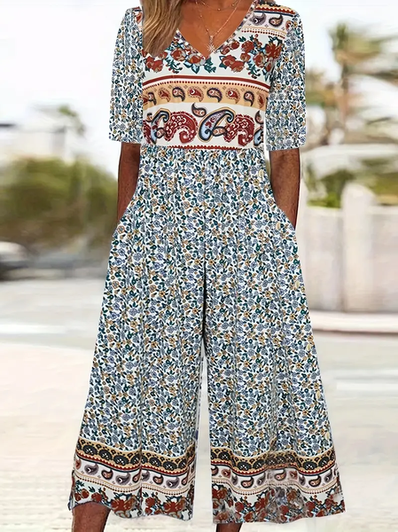 Women's Floral V Neck Half Sleeve Casual Summer Jumpsuit, JustFashionNow Jumpsuits&Rompers, color:As Picture|size:4XL,