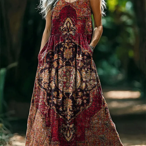 Women Ethnic Geometry V Neck Sleeveless Comfy Vintage Maxi Dress, Dresses, color:As Picture|size:4XL, catalog Noracora shop