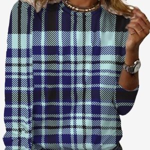 Women's Long Sleeve Tee T-shirt Spring/Fall Plaid Jersey Crew Neck Daily Going Out Casual Top, JustFashionNow T-Shirts, color:Blue|size:XXL,