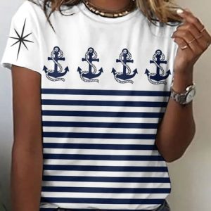 Women's Striped Short Sleeve Tee T-shirt Crew Neck Casual Summer Top, JustFashionNow T-Shirts, color:White|size:4XL,