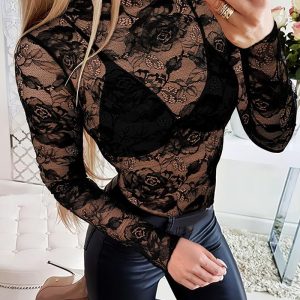 Floral Print Contrast Lace Mock Neck T Shirt Casual Sheer Mesh Slim Fit Blouse Top, women T-shirt & Tees, ChicMe catalog