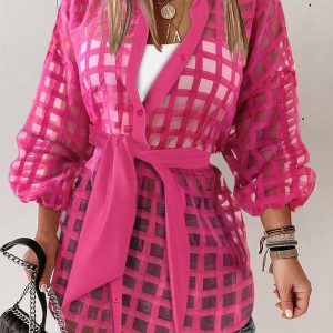 Plaid Pattern Turn-down Collar Button Front Tie Waist Loose Sheer Shirt Casual Drop Shoulder Asymmetrical Hem Top with Belt, women Shirt Dresses, ChicMe catalog