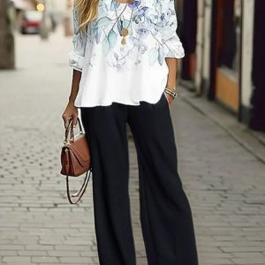 Women's Floral Spring Print Casual Tops and Pants Two-piece Set, Two-pieces, Lilicloth.com